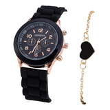 Reloj Pulsera Cuarzo Casual Moda Elegante Negro Set 2 Pz