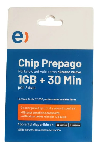 Chip Entel Paquete 100 Unidades 30 Min + 1gb