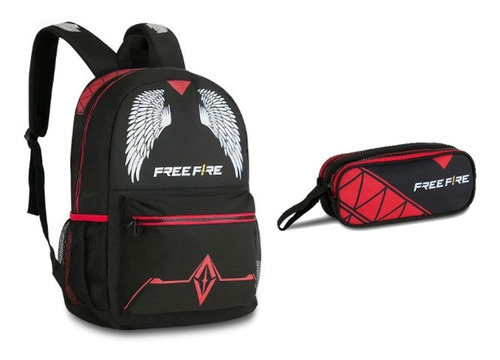 Kit Mochila Vermelho Preto Juvenil Escolar Free Fire Estojo