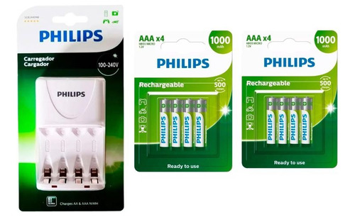 Carregador Philips 8 Pilhas Recarregáveis Aaa 1000 Palito