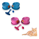 Kit Comedouro E Bebedouro Ergonômico Gato Escova Brinquedo 