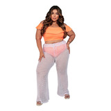 Calça Tricot Plus Size Saída De Praia Verão Feminina Wide