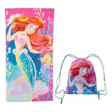 Toalla Playa Ariel Sirenita Princesa 70x140cm + Morral Corde