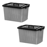 Kit 2 Container Plastico Cinza Preto 38,2lts Com Trava