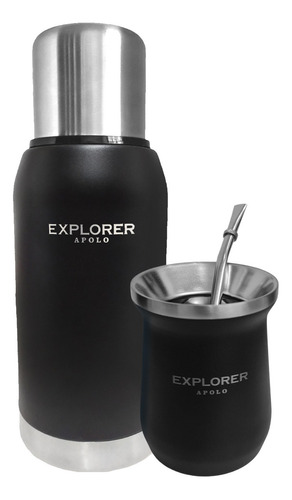 Termo Acero Inoxidable Explorer 750 Ml + Mate + Bombilla Color Negro