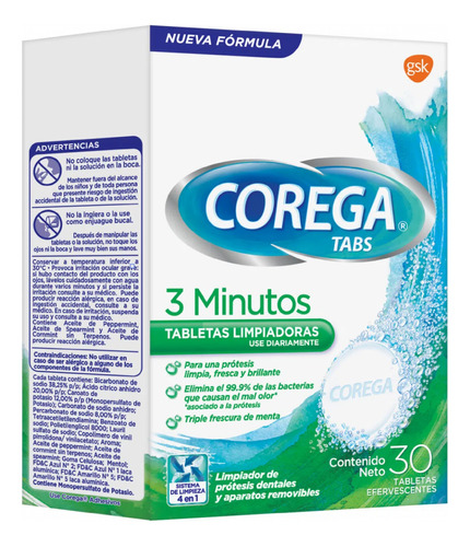 Corega Tabletas Limpiadoras X 30 (3 Minutos) 