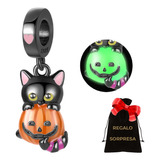 Charm Plata S925 Gatito Gato Calabaza Luminiscente Halloween