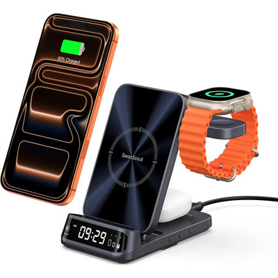 SwanScout 708A, Cargador Inalámbrico 3 en 1 Estación de Carga Plegable, compatible con iPhone 17\u002F16\u002F15\u002F14\u002F13\u002F12, Apple Watch 11\u002FUltra 3\u002FSE 3\u002FUltra 2\u002F10\u002F9 y AirPods | Meses sin interés