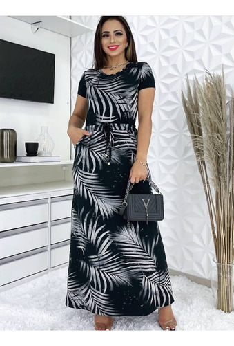 Vestido Longo Manga Curta Com Bolsos Em Viscolycra