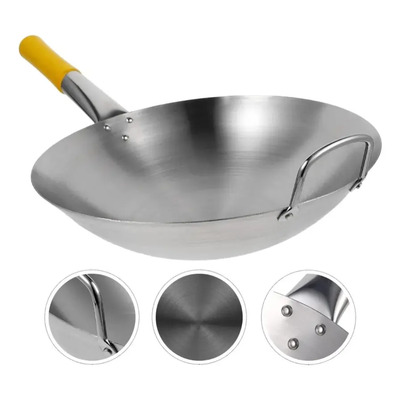 Sartén Wok Chino Acero Inoxidable Mango De Madera 32cm Plateado