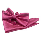 Conjunto Gravata Borboleta + Abotoadura + Lenço Rosa Pink