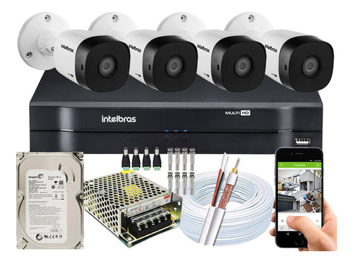Câmera De Segurança Intelbras Kit Cftv 4 Câmeras Multi Hd 720p 1mp Dvr Intelbras Mhdx 1104 1000