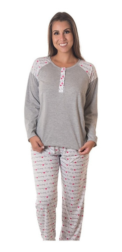 Pijama Longo  Jovem Feminino Cinza Estampas Variadas