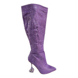 Botas Largas Tacón Transparente De Brillos Pedrería Moradas