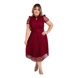 Vestido Moda Evangélica Cristã Tule Poá Plissado Midi 