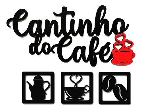 Placa Cantinho Do Café Mdf Kit 4 Peças Detalhe Vermelho