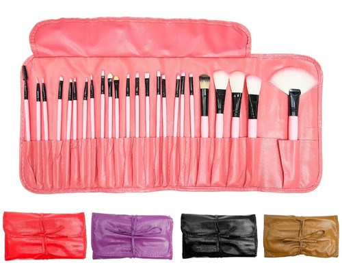 Set X24 Brochas Y Pinceles Para Maquillaje Con Estuche Color Rosa
