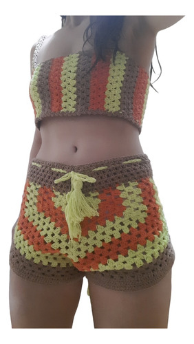 Conjunto Modinha Praia Crochê Colorido Top Cropped E Shorts