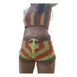 Conjunto Modinha Praia Crochê Colorido Top Cropped E Shorts