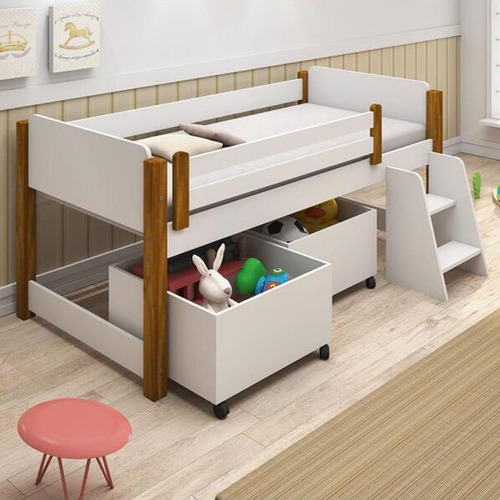 Cama Naty Design Infantil Com Nichos Solteiro Branco Amêndoa