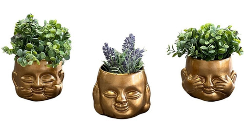 Kit Trio Vasos Buda Suculentas Cerâmica Não Vejo Não Escuto