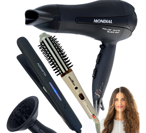 Secador De Cabelo 2000w Difusor Chapinha E Escova Modeladora