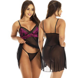 Conjunto Lingerie Camisola Luxo Transparente C/ Calcinha Fio