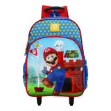 Mochila Escolar De Rodinhas 2 Bolsos Super Mario Infantil Cor Azul