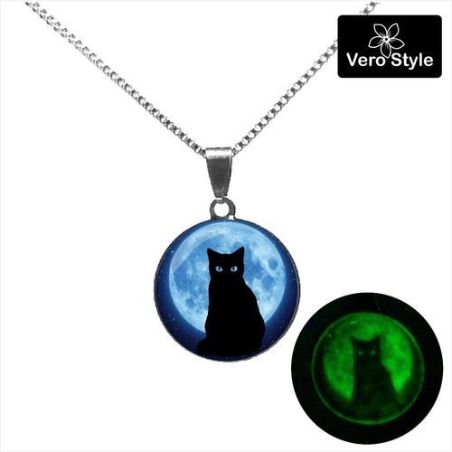 Collar Luna Gato Negro 02 De Acero Brilla En La Oscuridad