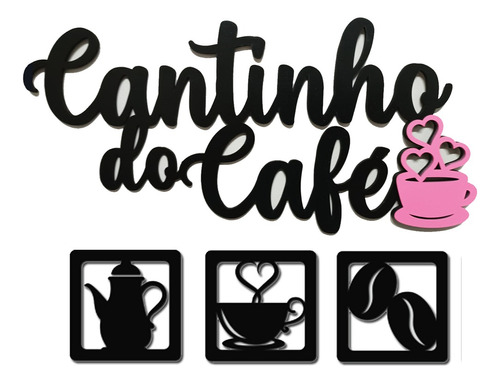 Placa Cantinho Do Café Mdf Kit 4 Peças Detalhe Rosa