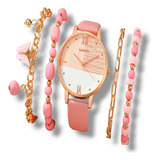 Set Reloj Rosa Con Collar Anillo Y Pulseras Kawaii