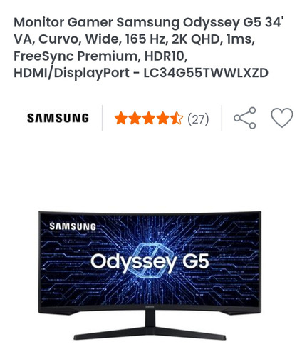 Monitor Samsung Qhd Curvo Wide 34 Polegadas - Odssey G5