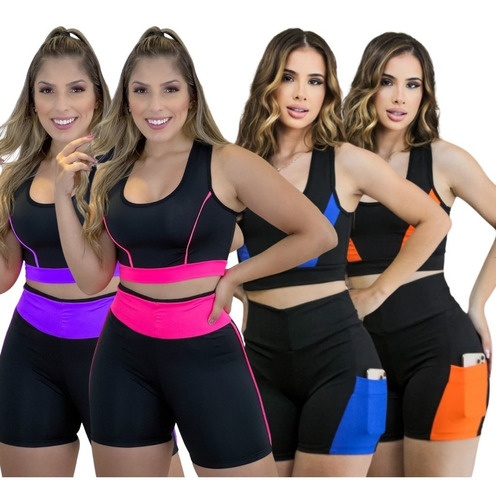 Kit 4 Conjunto Fitness Feminino Top  Short Academia C/ Bolso