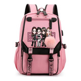 . Mochila Juvenil Coreana Preta Rosa Com Interface Usb