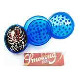 Combo Grinder Azul 3 Pcs + 1 Caja Cueros Smoking Rojo 1/4