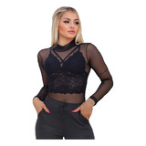 Body Tule Transparente Manga Longa