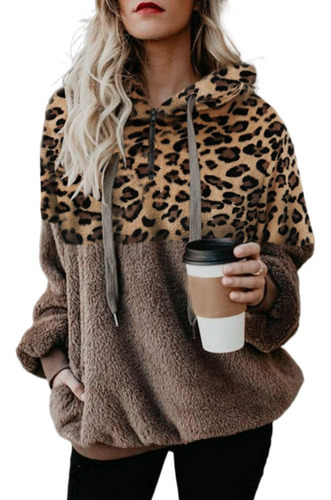 Mujeres Moda Cremallera Felpa Estampado Leopardo Cuello Alto