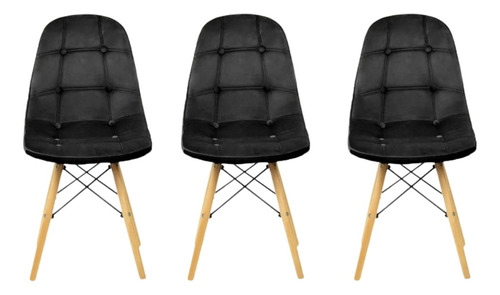 Kit 3 Cadeiras Eames Botonê Estofada Veludo Preto Velvet