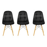 Kit 3 Cadeiras Eames Botonê Estofada Veludo Preto Velvet