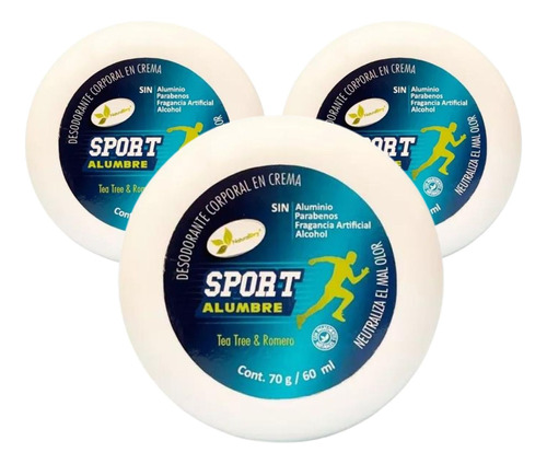 3 Pack Desodorante Sport Alumbre Romero Naturaldry Crema 70g