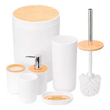 Kit Banheiro Conjunto Completo Lixeira 6 Peças Bambu Branco