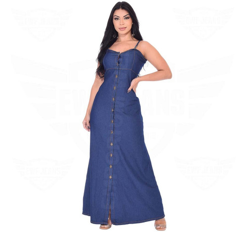 Vestido Jeans Longo Alça Botões Tendência Mulher Poderosa