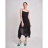 Vestido Negro Midi Elegante Sensual Con Tela Mesh Y Forro