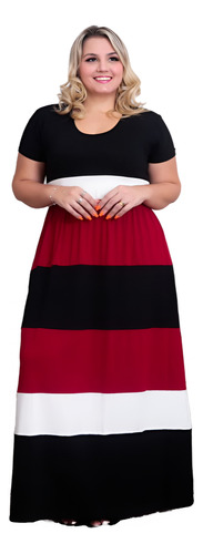 Vestido Nautico Longo Manga Curta Plus Size Faixa