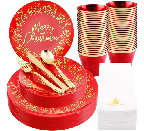 Vajilla Platos Navidad Servicio P/25 175pzs Vaso Servilleta