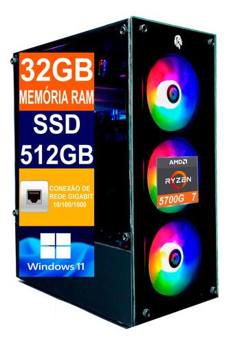 Pc Gamer Cpu Ryzen 7 5700g / Ssd 512gb M2, 32gb Memória Ddr4