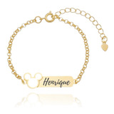 Pulseira Infantil Gravada Mickey Folheada A Ouro 18k