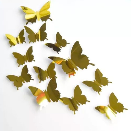 12 Mariposas Tipo Espejo Decoración En 3d Adhesivo, Doradas