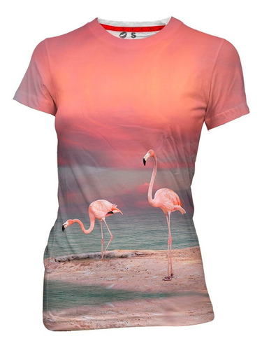 Playera Sublimada Dama Full Print Flamingos Paisaje 065