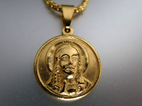 Jesus En Acero Quirurgico Dorado Medalla Con Cadena